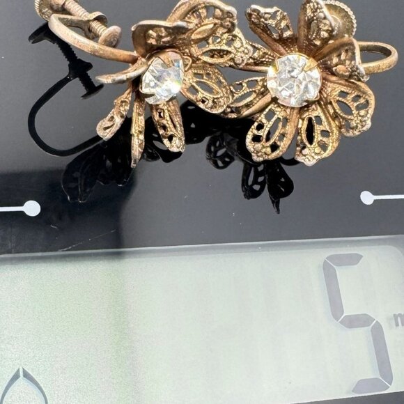 Gold-Tone Earrings Vintage Earrings Rhinestone Flower Screw-Back Mid-Century - Picture 3 of 7